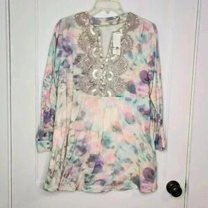 Soft Surroundings Sm Bazille Tunic Soft Tie Dye Sequin Beaded Embroidery Cotton